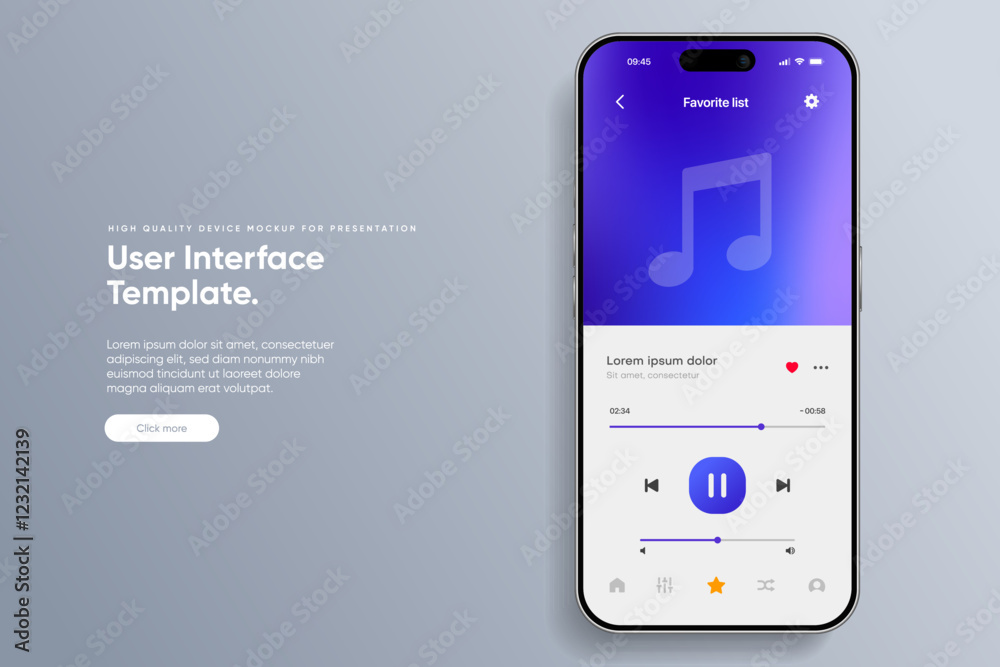 Poster Web mobile application interface for music player application for mobile app, business, website. Sound app UI UX GUI template. Responsive website wireframes. Web design UI kit. Music Dashboard.