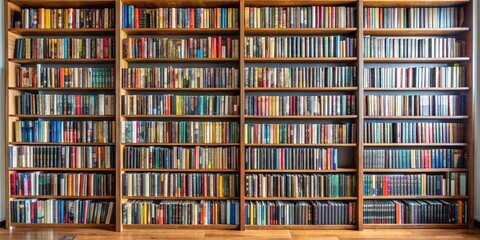 DVD collection on bookshelf with movies and TV shows, media storage, library organization