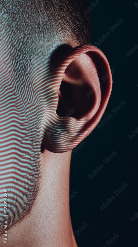 Aufkleber Sound waves are projected onto a man's ear and face, creating a visual representation of the process of hearing, symbolizing the connection between sound and perception