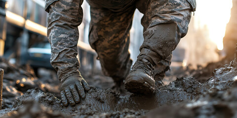 Mud-Covered Soldier in Camouflage Uniform Navigating Mud