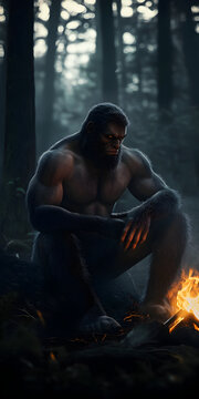 A half-man, half-beast creature with fur-covered legs and sharp claws, sitting by a campfire in a dark forest.



