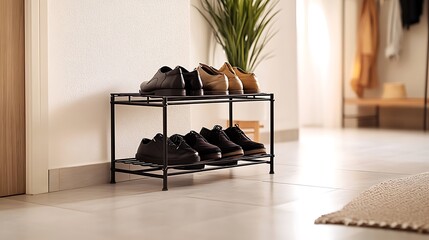 Stylish Shoe Rack Holds Pairs Of Footwear In Entryway