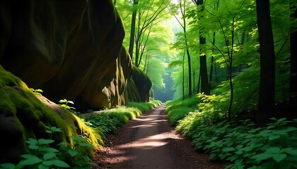 Obraz premium Sunlit Forest Path Mossy Rocks Green Canopy Nature Scene