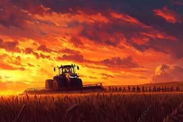 Fototapeta premium Harvesting at Sunset: A Tractor and Workers in a Golden Wheat Field