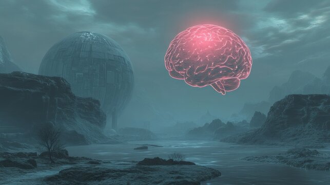 Alien Landscape Featuring a Glowing Brain and Sphere
