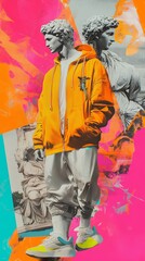 Fototapeta premium Classical statue wearing modern clothing posing in front of colorful background