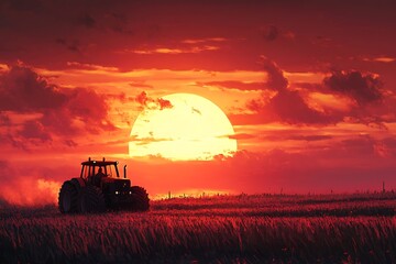 Fototapeta premium Dramatic Sunset Over a Field with Tractor