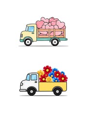 Fototapeta premium Two trucks, one carrying pink hearts and the other filled with colorful flowers, represent love and nature. The pastel tones and bright hues create a cheerful and charming visual.