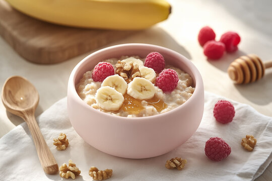 A pink ceramic bowl filled with creamy banana and honey porridge, topped with walnuts and raspberries