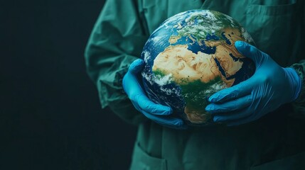 Doctor wearing blue gloves and green gown holding planet Earth globe