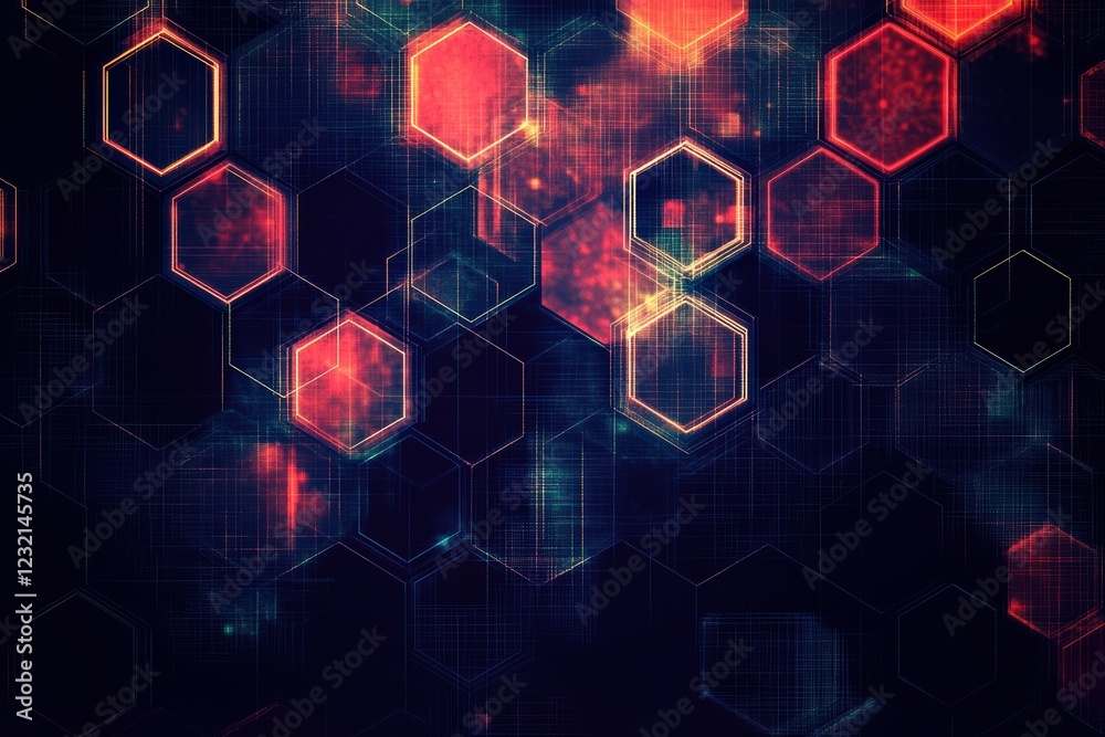 Poster dynamic hexagonal pattern with vibrant colors and digital effects on dark background