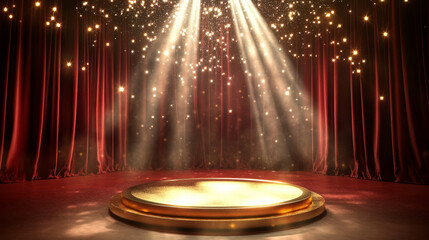 Illuminated golden podium stands before red velvet drapes. Circular stage glows with spotlight beneath scattering sparkles. Theater setting with maroon curtain backdrop and shimmering light effects.