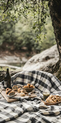 Cozy outdoor picnic setup with food items