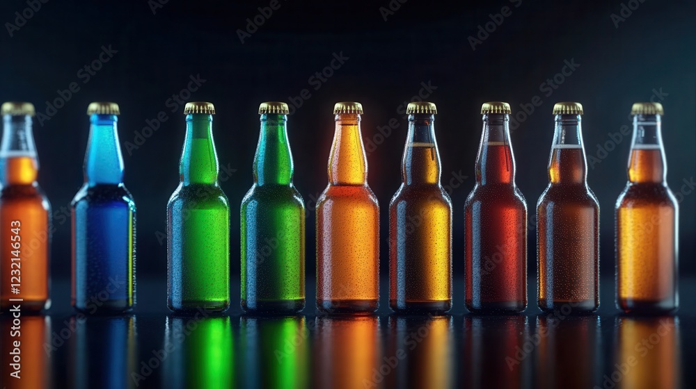Poster a cinematic lineup of multicolored beer bottles glowing on a reflective surface