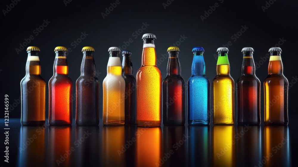 Poster a cinematic lineup of multicolored beer bottles glowing on a reflective surface