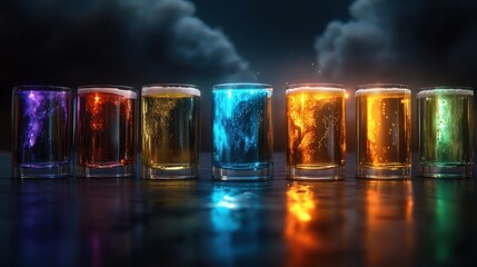 A cinematic lineup of beer glasses reflecting colorful ambient lighting