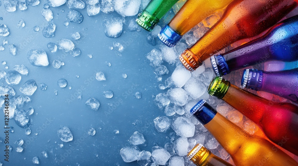 Poster a cinematic top view of a beer bucket with rainbow-colored bottles chilled on ice