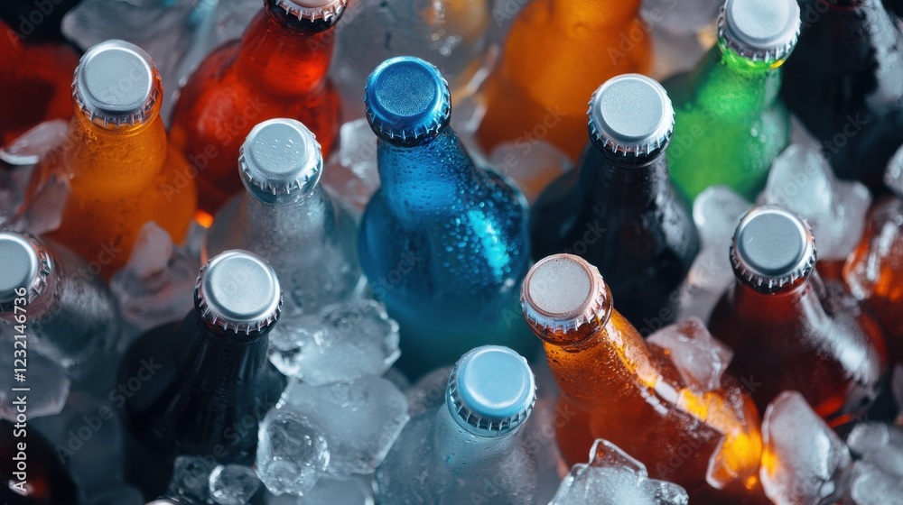 Poster a cinematic top view of a beer bucket with rainbow-colored bottles chilled on ice
