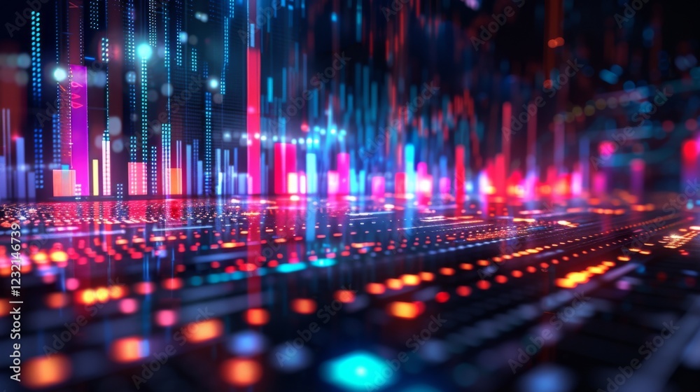 Poster colorful peaks and valleys of sound waves create an abstract art piece, illuminated by vibrant light