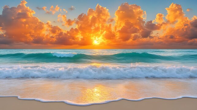 Soft ocean waves gliding towards the shore under a golden twilight.
