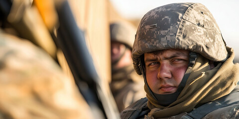 Obraz premium Close-up Portrait of a Soldier in Camouflage Helmet and Gaiter
