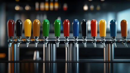 A colorful array of beer taps lined up against a modern bar background