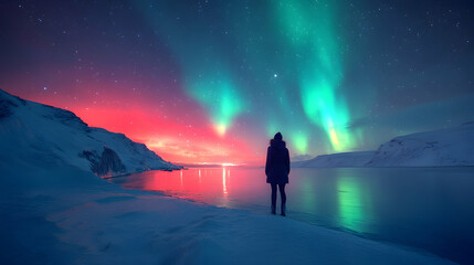 Fototapeta premium Photo - Aurora Borealis Night Sky Winter Landscape Snow Mountain Lake Reflection