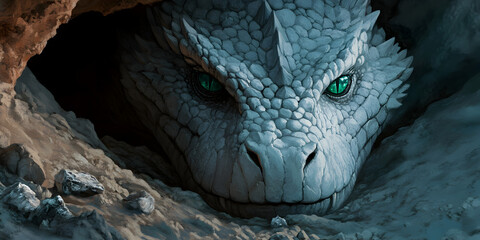 Fototapeta premium A gigantic, stone-skinned dragon with emerald eyes, resting in a hidden cave filled with precious gems and crystals.