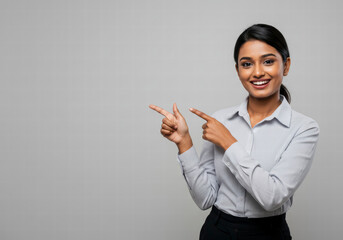 Happy Indian Professional Student Saleswoman Looking at Camera, Pointing to the Side with Excitement and Confidence