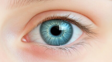 Fototapeta premium Close - up of a human eye with blue iris, eyelashes and visible blood vessels.