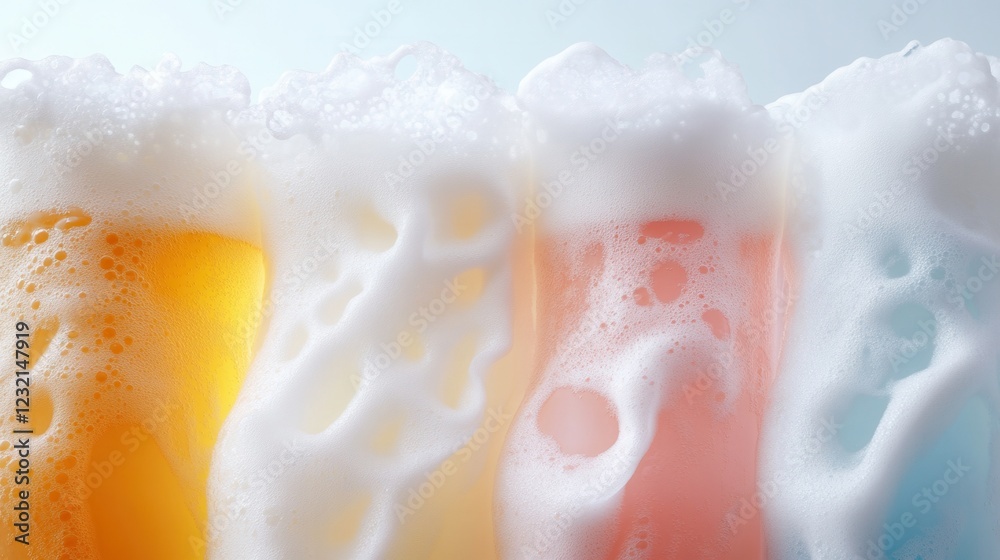 Poster a dramatic close-up of frothy beer in glasses of assorted colors