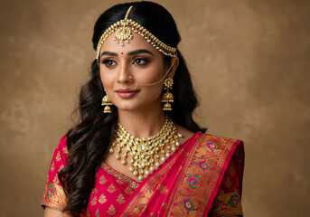 Stunning Indian Girl in Traditional Sari and Kundan Jewelry, Showcasing Cultural Elegance and Grace
