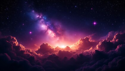 Naklejka premium Stunning Purple Nebula Sunset Above Cloudscape Fantasy Art
