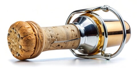 A champagne cork with a delicate wooden handle lies on a transparent background, surrounded by golden and silver accents, ready to pop into a glass of fine wine , luxury, champagne cork