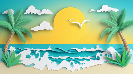 Obraz premium Sunny beach with palm trees and waves with Paper cut out effect