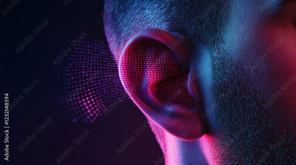Aufkleber digital sound waves, visualized as glowing particles, are entering a human ear, representing the pro