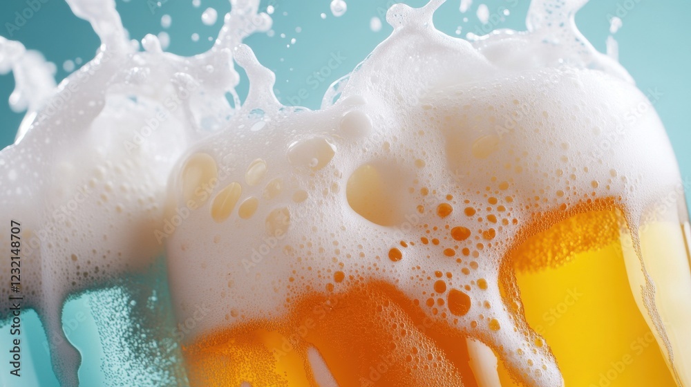 Poster A dynamic close-up of beer foam cascading in glasses of assorted colors