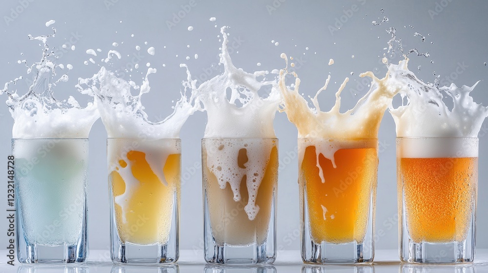 Poster A dynamic close-up of beer foam cascading in glasses of assorted colors