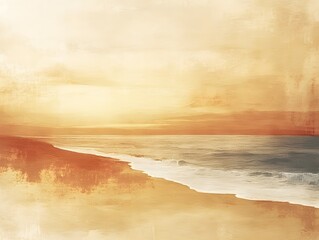Obraz premium Golden Hour Seascape: A dreamy, watercolor-like image captures the essence of a golden sunset over a tranquil ocean, with gentle waves lapping onto a sandy shore.