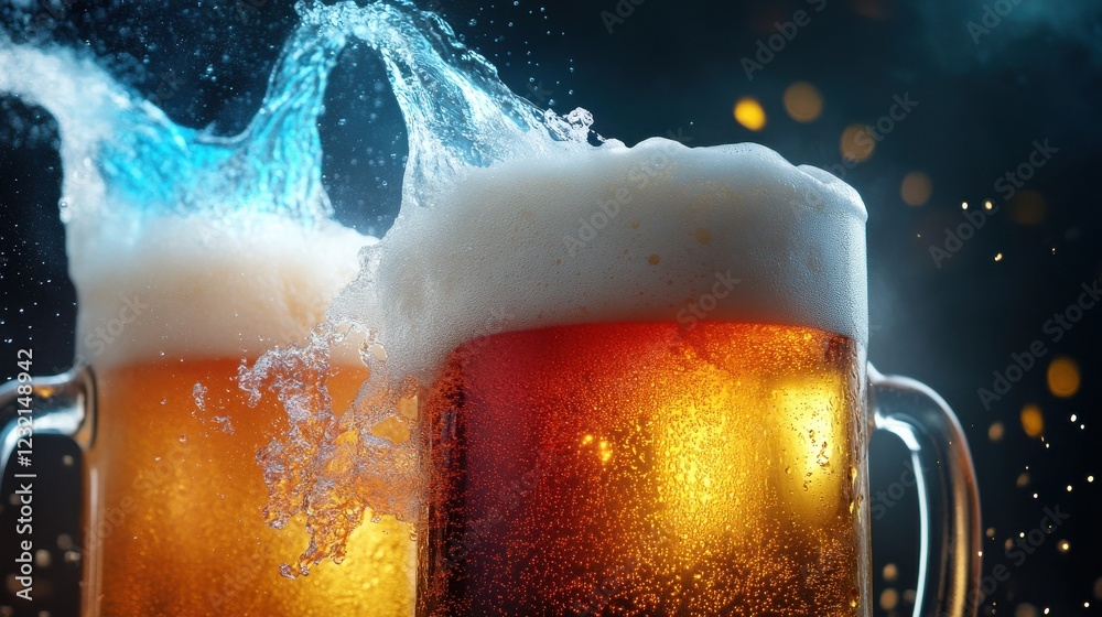 Poster a dynamic shot of beer pouring into vibrant mugs with glowing foam
