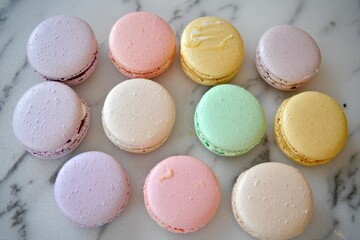 Obraz premium Macarons (France) A colorful assortment of French macarons neatly arranged on a marble surface.Macarons (France) A colorful assortment of French macarons neatly arranged on a marble surface.