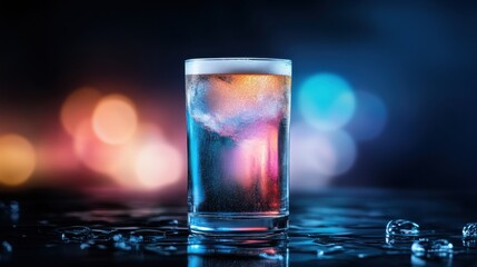 A frosty beer glass with vibrant shades against a blurred neon background