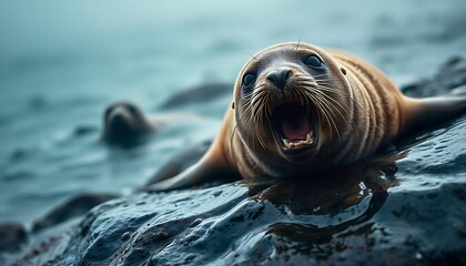 Young Sea Lion Yawning On Dark Rock Ocean Background