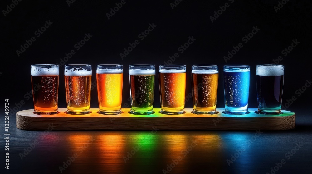Poster a glowing flight of beers in assorted colors on a wooden paddle