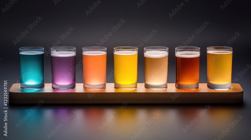 Poster a glowing flight of beers in assorted colors on a wooden paddle