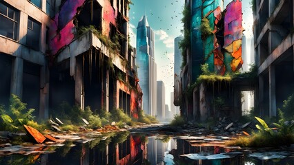 Obraz premium Overgrown, vibrant ruins of a futuristic city street reflect in a stagnant pool, juxtaposing nature's reclamation with remnants of advanced architecture.