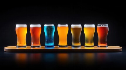 A glowing flight of beers in assorted colors on a wooden paddle