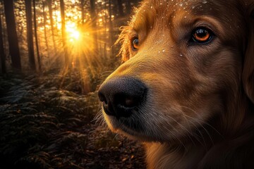 majestic golden retriever close-up in morning light, dewdrops on fur, soulful amber eyes, ethereal forest backdrop