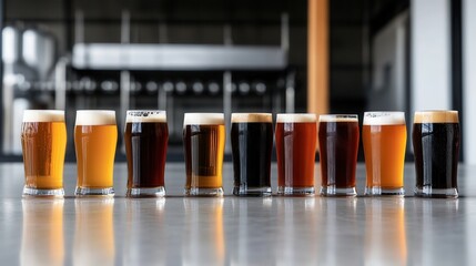 A gradient lineup of beer glasses filled with light to dark shades of brews