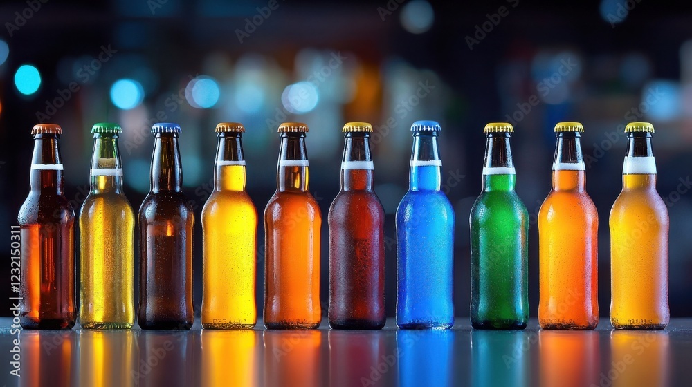 Poster a lineup of beer bottles in assorted colors glowing under neon lights